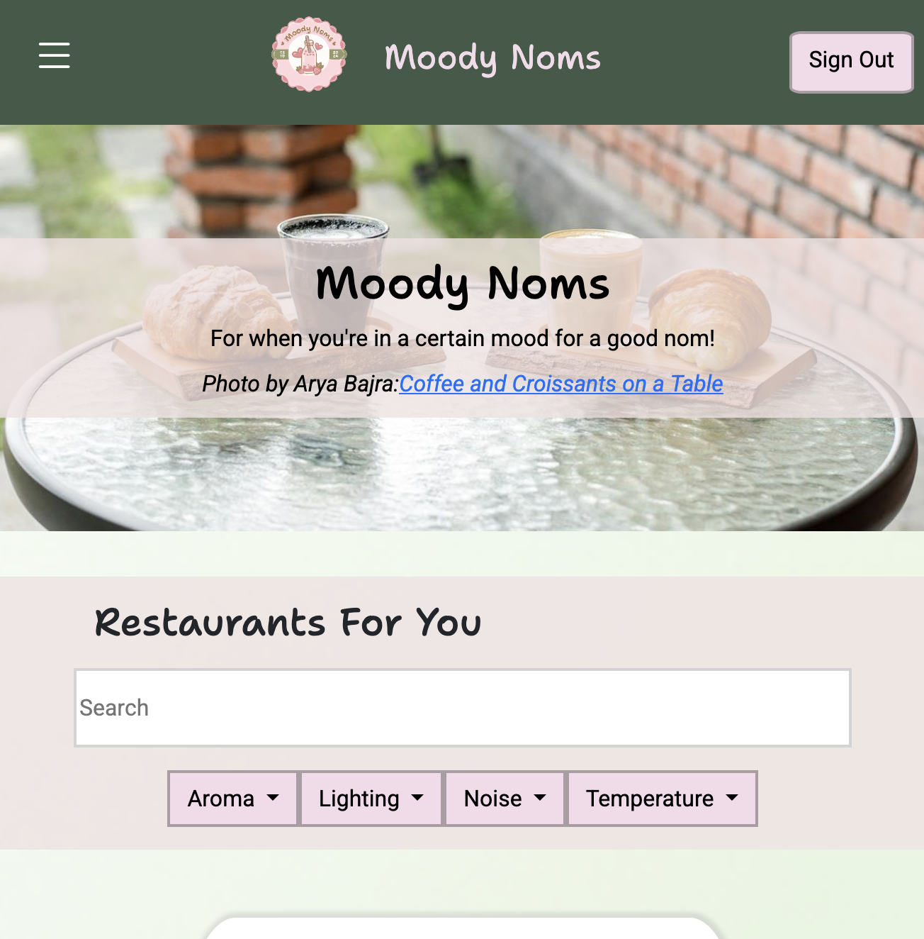 screenshot of the moody noms home page