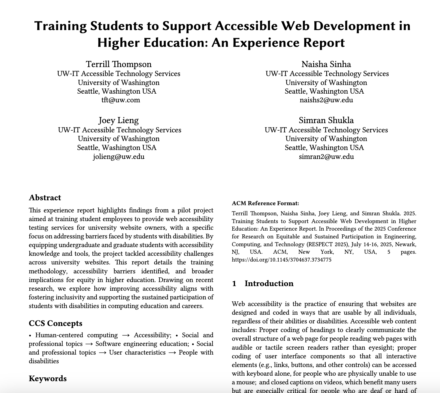 cover page of the experience report paper