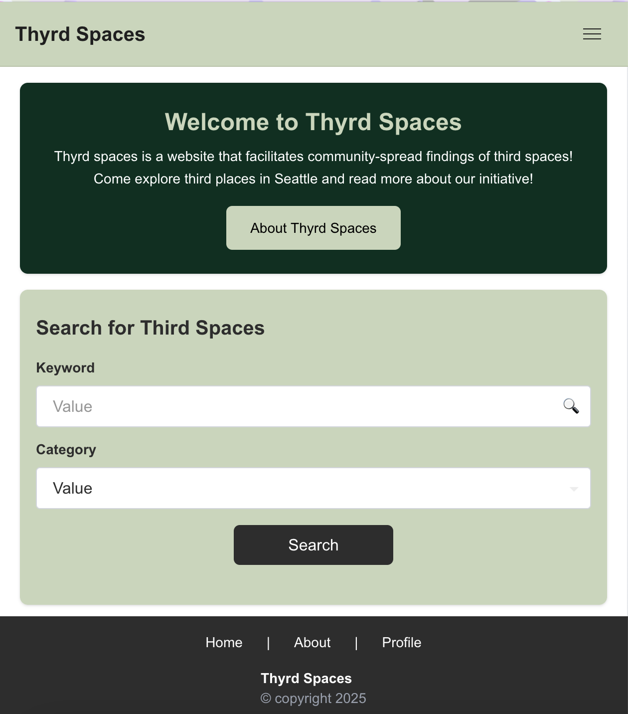 screenshot of the thyrd spaces home page